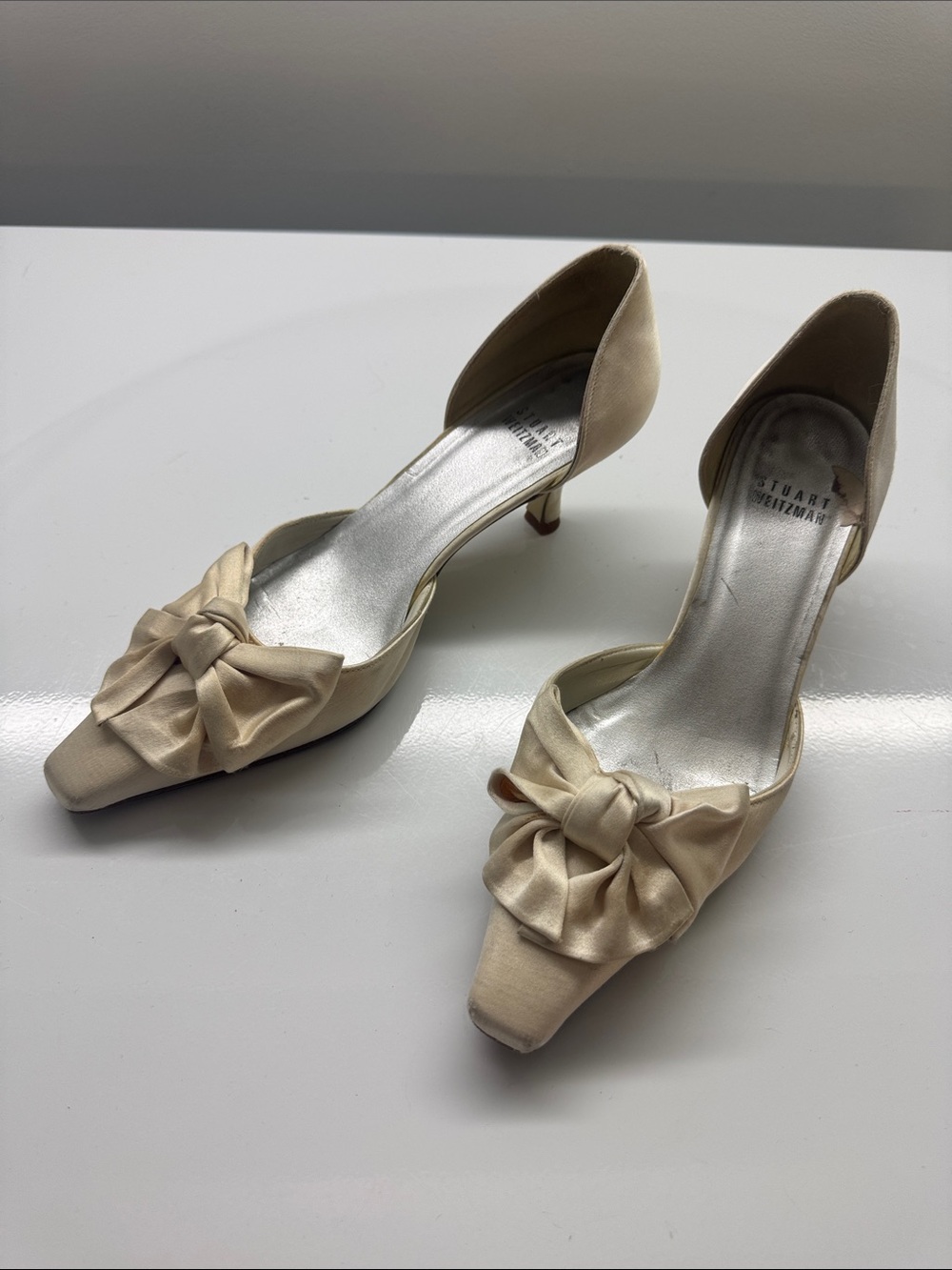 Stuart Weitzman Cream Satin Bow D'Orsay Kitten Heel Pumps